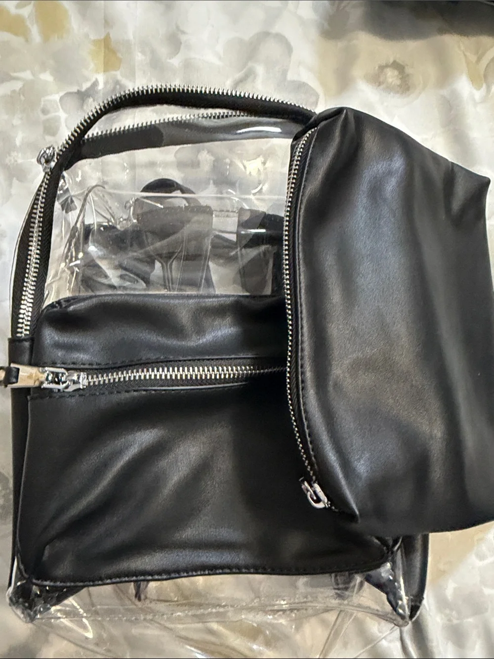 MMS Design Studio Black Clear PVC Mini Backpack with Faux Leather Pocket